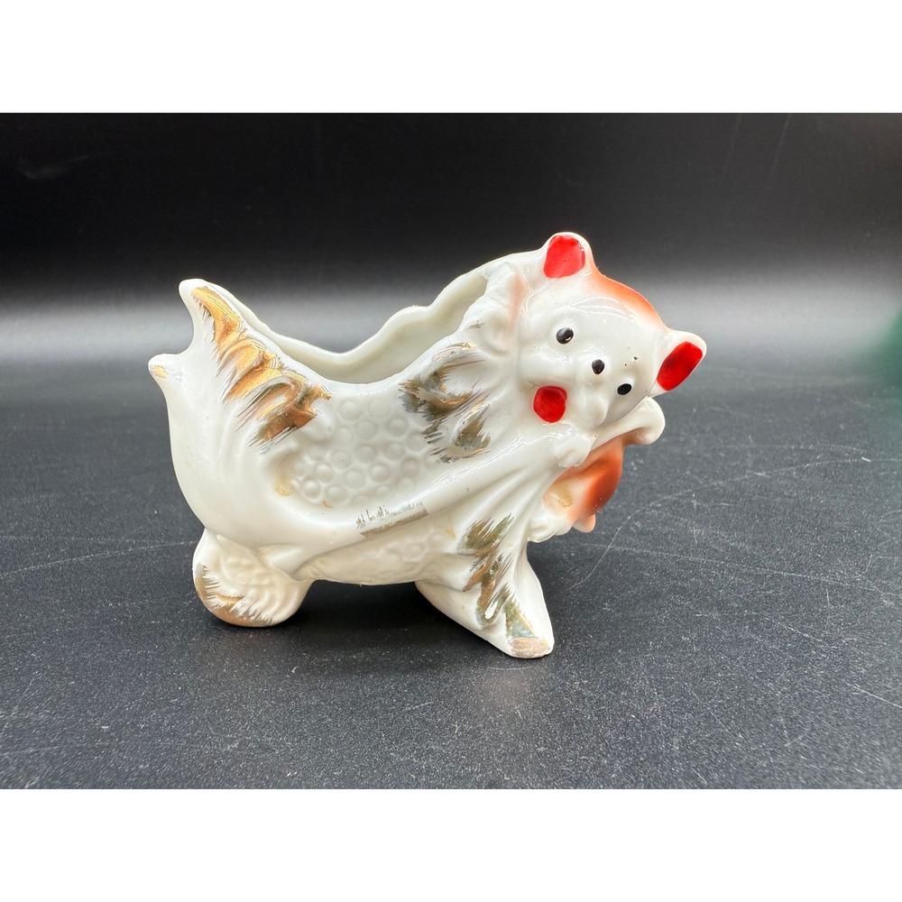 Vintage MCM Ceramic Dog Planter White Gold Accents Red Details Bull‎ Dog Japan